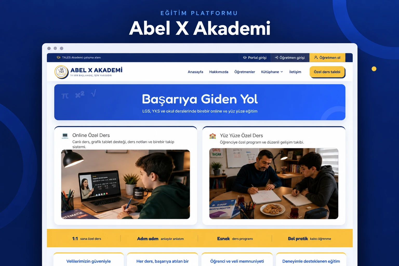Abel X Akademi ana sayfasını gösteren mavi ve sarı tonlarda portfolyo kapak sunumu