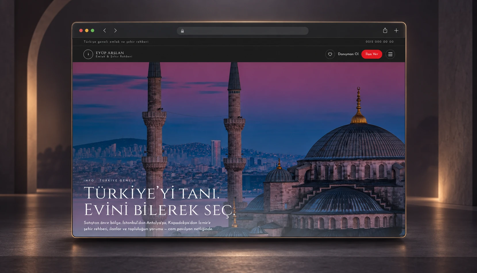 Eyüp Arslan Emlak ve Şehir Rehberi ana sayfasını İstanbul manzarasıyla sunan koyu tonlarda portfolyo kapağı
