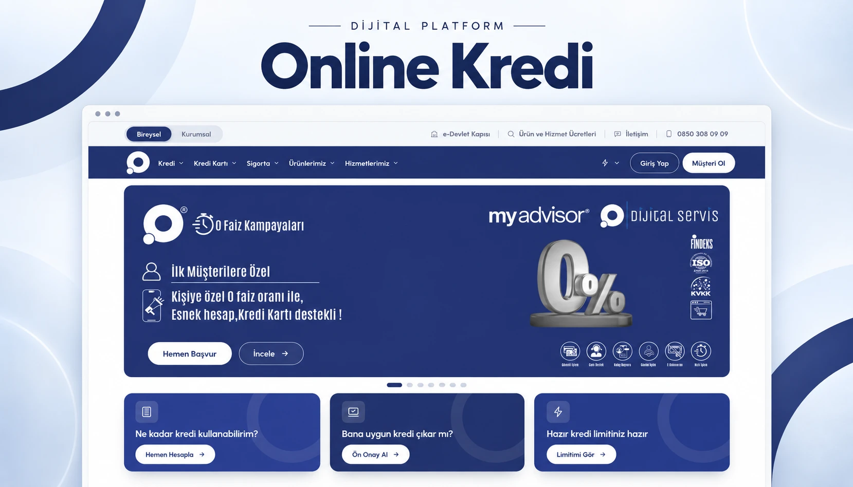 Online Kredi ana sayfasını gösteren lacivert ve açık mavi tonlarda portfolyo kapak sunumu