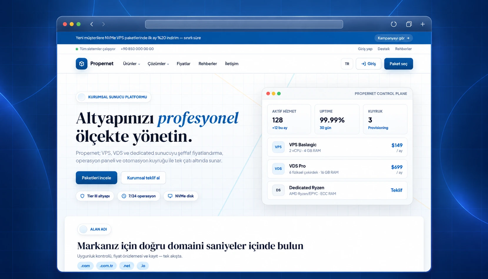 Propernet Türkçe ana sayfasını paket kartları ve mavi beyaz arayüzüyle sunan portfolyo kapağı