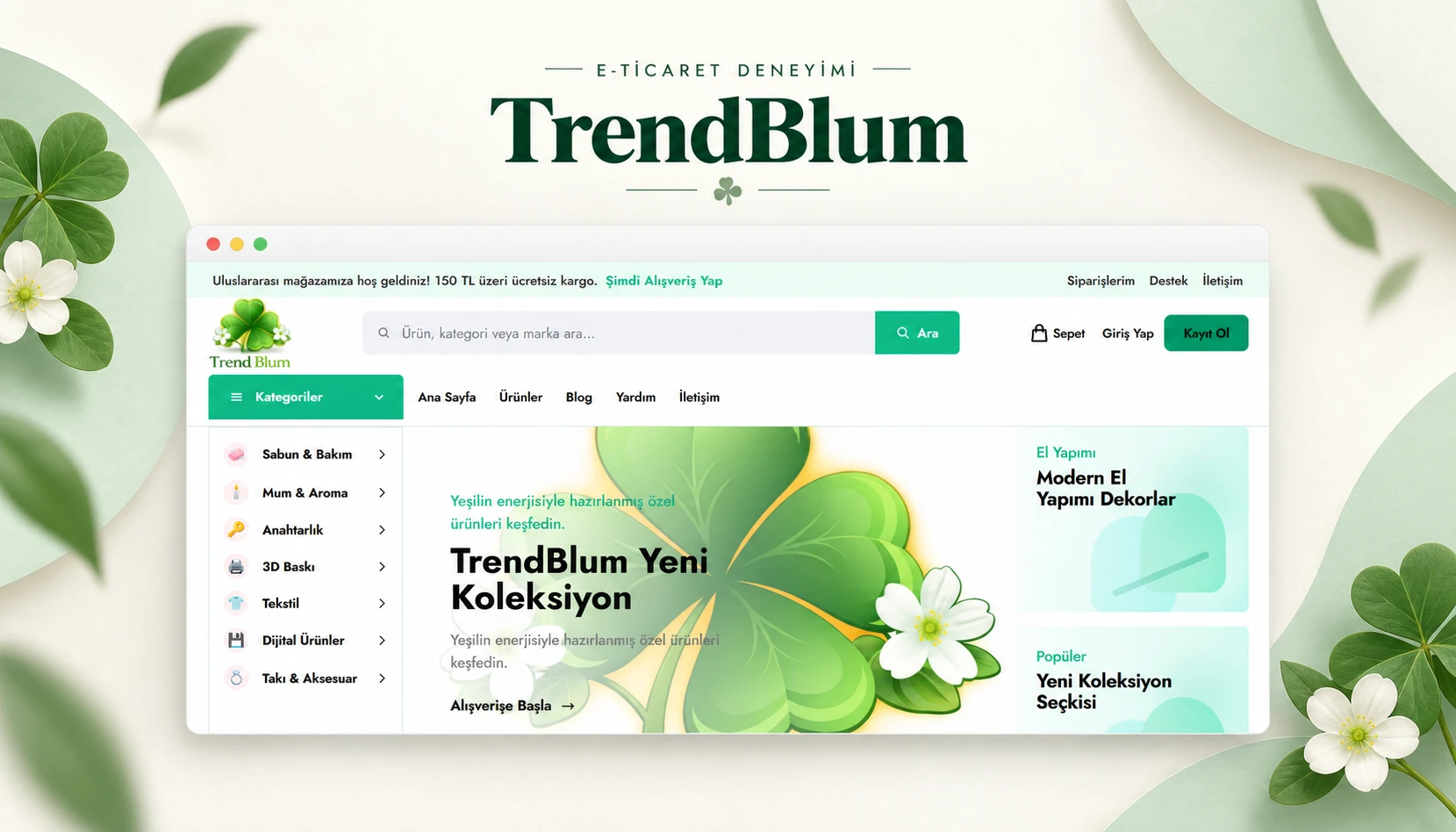 TrendBlum mağazasının ana sayfasını gösteren yonca, mint yeşili ve krem tonlarında portfolyo kapak sunumu